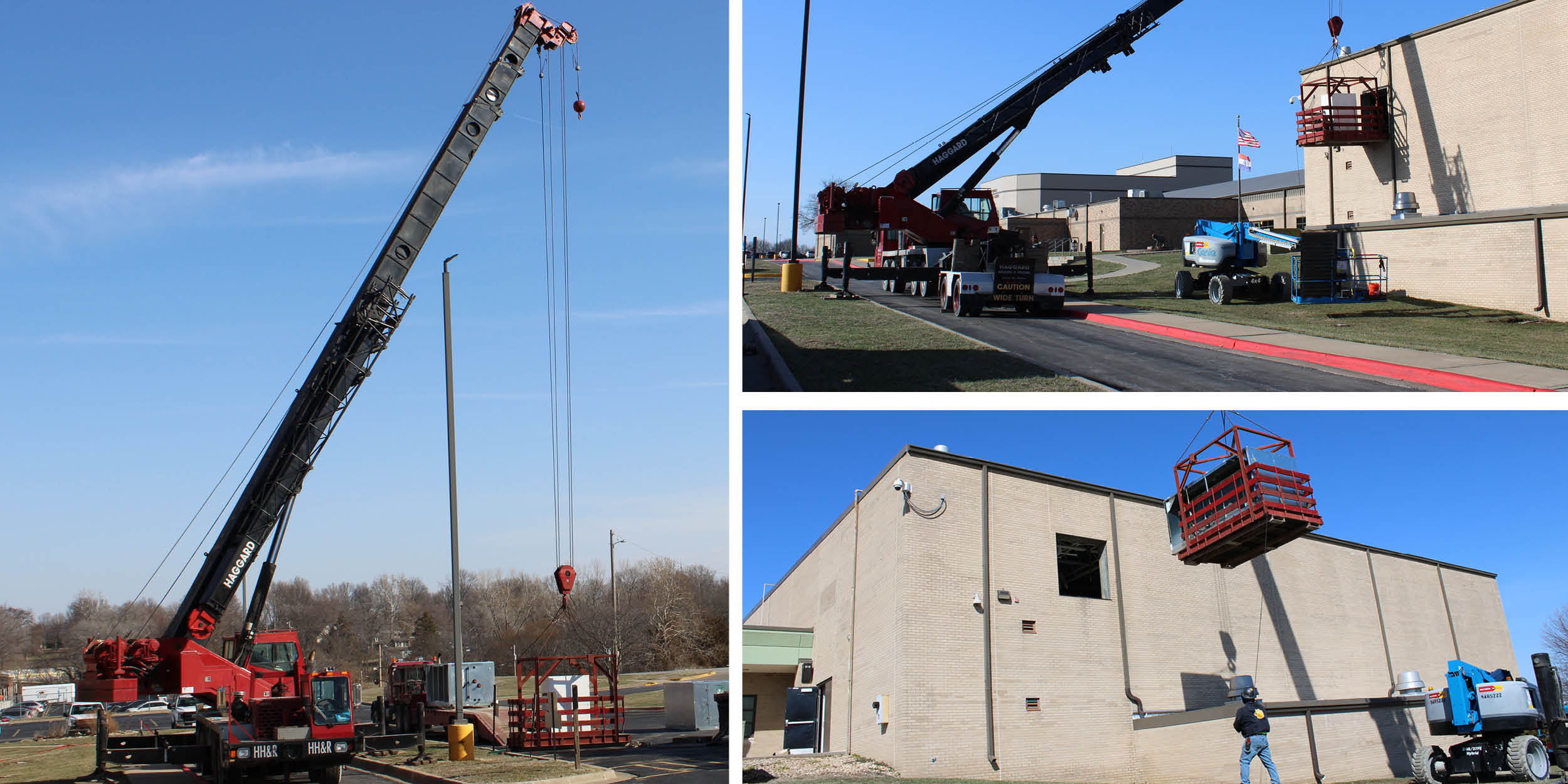 Crane lifting HVAC equipment into building's upper floor